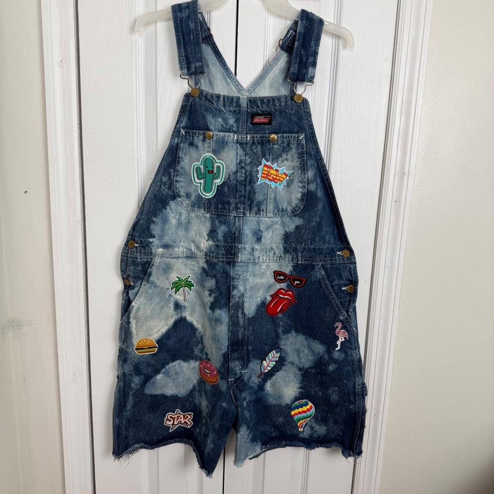 Dickies Patch Acid Wash Denim Shortalls‎ L Blue Y2K Retro Festival Streetwear